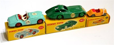 Lot 343 - Dinky 111 Triumph TR2 turquoise (G-E, some wear to decals,  box E) 163 Bristol 450 (E box E-G)...