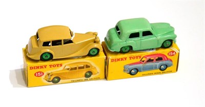 Lot 345 - Dinky 151 Triumph 1800 Saloon fawn with green hubs (E box G-E) 154 Hillman Minx green (G-E,...