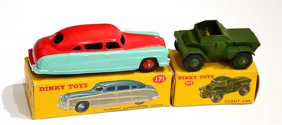 Lot 347 - Dinky 171 Hudson Commadore Sedan red/turquoise highline (E-G box G) 673 Scout car (E box G-E) (2)