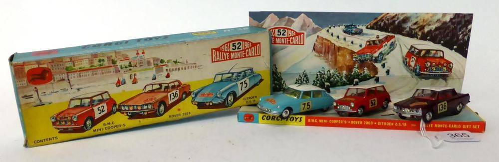 Lot 365 - Corgi Gift Set No.38 Rallye Monte Carlo consisting of BMC Mini Cooper, Rover 2000 and Citroen...