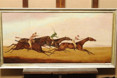 Lot 976 - Circle of Henry Alken Jnr (19th century) Racehorses with Jockeys Up Oil on panel, 46cm by 95.5cm