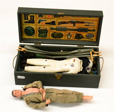 Lot 384 - Hasbro (Palitoy) Action Man Figure with moulded hair in wooden kit box, together with a GI Joe...