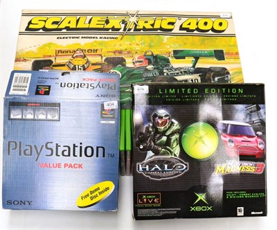 Lot 404 - Scalextric 400 Set including a Renault and a March F1 cars; together with an Xbox with two...