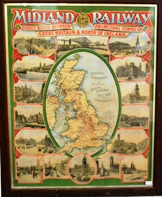 Lot 71 - Midland Railway Advertising Poster with 16 monochrome images of destination towns and cities...