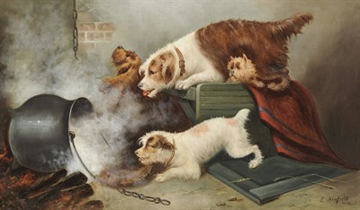 Lot 987 - Edward Armfield (1817-1896) Four Terriers in an Interior, a pot of hot water falling from a...