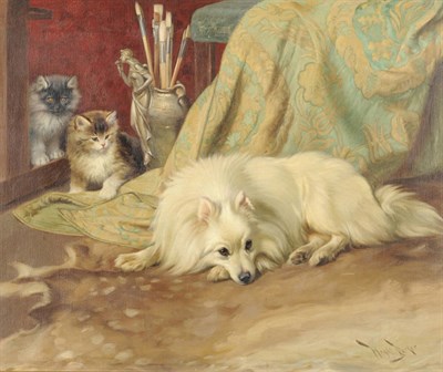 Lot 992 - Wright Barker R.B.A. (1864-1941) Spitz Dog with Two Kittens beside an Artist's Brush Pot...