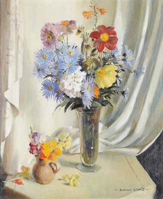 Lot 995 - Vernon de Beauvoir Ward (1905-1985) Still Life of Flowers in a Vase beside a White Curtain,...