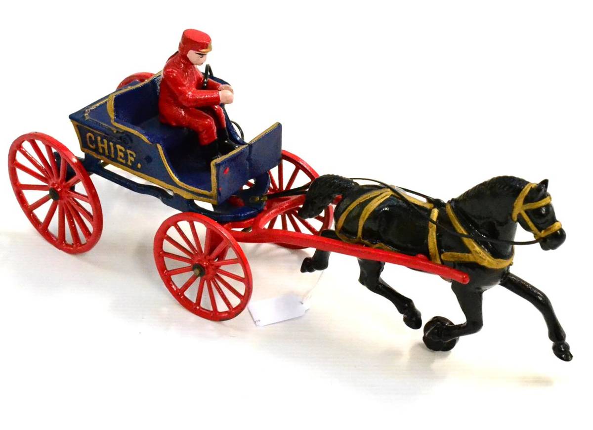 Lot 183 - Carpenter (Reproduction) Cast Iron 1900 Fire Chief Buggy with single horse and figure 15";,...