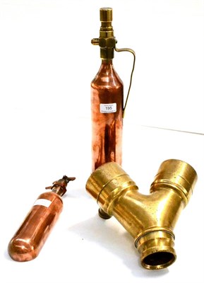 Lot 195 - Copper/Brass Fire Extinguisher with instructions for use to base; together with a smaller...