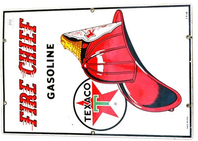 Lot 202 - Fire Chief Gasoline Enamel Advertising Sign with helmet and logo on white ground, dated 3/8/63...