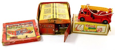 Lot 232 - Mettoy Joytown Fire Station with two fire vehicles (F, lacking ladder, box F) Minic plastic...