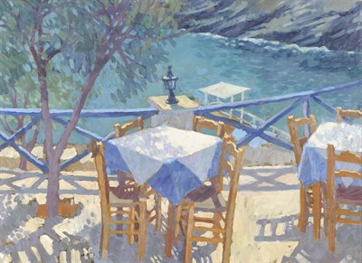 Lot 1007 - Annabel Gosling (b.1942)  Mediterranean Terrace Signed, oil on canvas, 54.5cm by 74.5cm  Born...