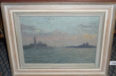 Lot 1008 - Julian Halsby (b.1948)  "Sunset across the Bacino, Venice" Signed, inscribed verso, oil on...