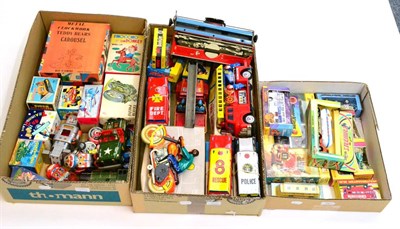 Lot 282 - Various Tin Toys including Soviet Motorcycle, K (Japan) F9 Fire engine, Circus Plane, Pinocchio...