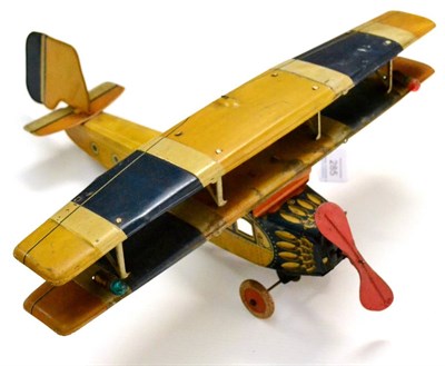 Lot 285 - Distler (?) High Wing Biplane with clockwork motor driving wheels and electric red/green navigation