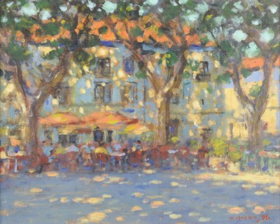 Lot 1009 - John Mackie (b.1955)  "Dappled Light, Agde" Signed and dated (19)96, inscribed on an exhibition...