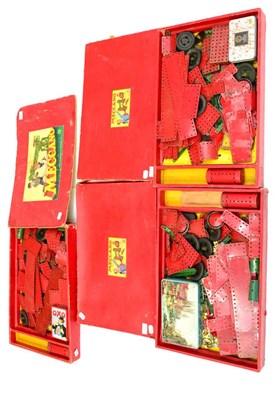 Lot 325 - Meccano Three Set No.8s (1950's) in card boxes with assorted red/green contents (generally F-G...