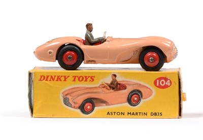 Lot 355 - Dinky 104 Aston Martin DB3S road version, salmon pink and red hubs (G-E, some wear mainly to...