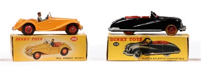 Lot 357 - Dinky 106 Austin Atlantic black/red (E-G box F-G, some taping) 102 MG Midget road version,...