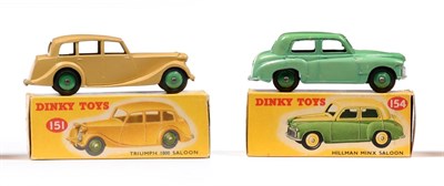 Lot 363 - Dinky 151 Triumph 1800 Saloon fawn with green hubs (E box G-E) 154 Hillman Minx green (G-E,...