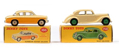 Lot 369 - Dinky 166 Sunbeam Rapier yellow/orange (E box G-E) 158 Riley saloon, cream (G box G) (2)