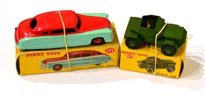 Lot 371 - Dinky 171 Hudson Commadore Sedan red/turquoise highline (E-G box G) 673 Scout car (E box G-E) (2)