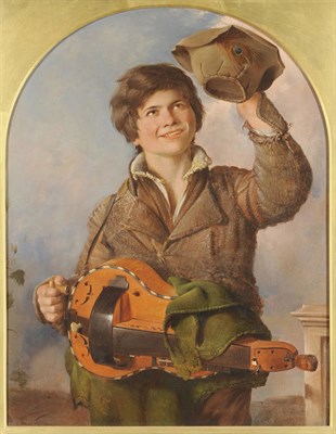 Lot 1017 - Attributed to Frederick Yeates Hurlestone (1801-1869) Boy playing a Hurdy Gurdy Oil on canvas,...