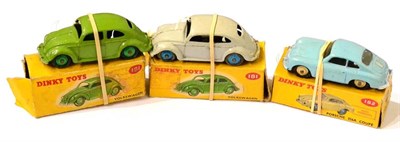 Lot 373 - Dinky 182 Porsche 356A Coupe blue (G box G-F) and 2x181 Volkswagens, one grey, one green (both...