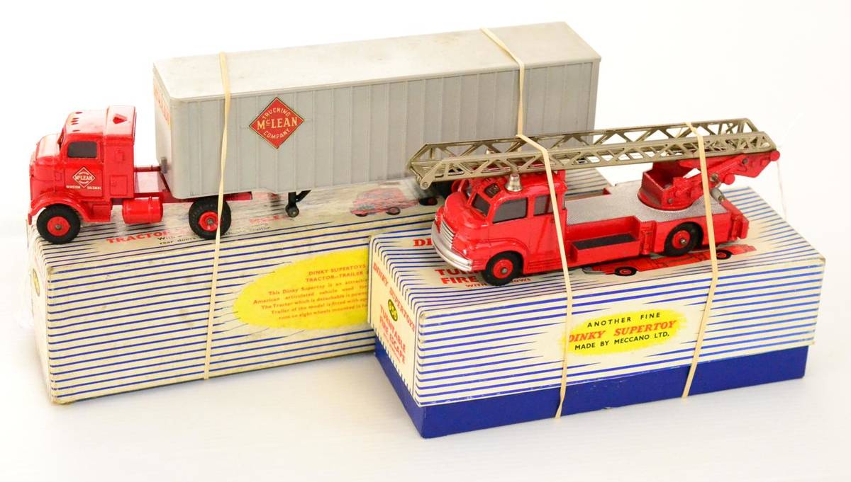 Lot 383 - Dinky 948 McLeans Tractor Trailer (E, box G, some graffiti) and 956 Turntable fire escape,...