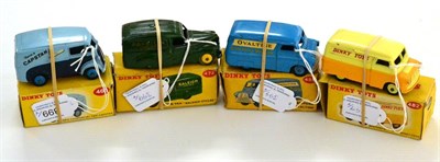 Lot 399 - Dinky Four Vans 465 Morris Capstan (G-E box G) 472 Austin Rayleigh (G, decals worn, box F-P)...