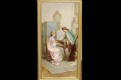 Lot 1021 - Eva Hollyer (fl.1891-1898) Young Lady Seated at a Piano, a young man standing nearby holding a...