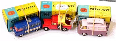 Lot 432 - Corgi 464 Commer Police Van 420 Ford Thames Caravan and 417S Land Rover breakdown truck (all...