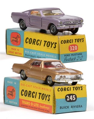 Lot 446 - Corgi Two American Cars 320 Ford Mustang Fastback 2+2, metallic mauve and 245 Buick Riviera (both E