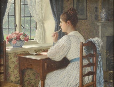 Lot 1025 - Edmund Blair Leighton (1853-1922) "Straying Thoughts", girl seated at a table writing Signed...