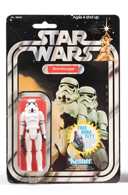 Lot 476 - Kenner Star Wars Stormtrooper Figure with card advertising rocket firing Boba Fett figure (E...