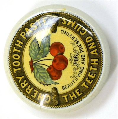 Lot 6 - A Coloured Transfer Printed Pictorial Cherry Tooth Paste Pot Lid, with triple cherry trademark