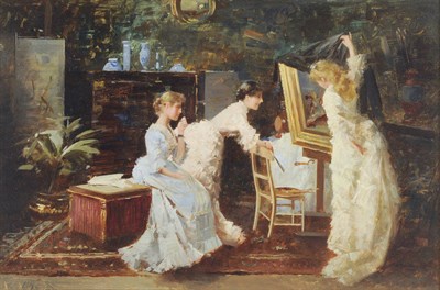 Lot 1032 - Alexander M Rossi (fl.1870-1903)  "The Private View", three fashionable young ladies examining...