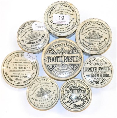 Lot 19 - Eight Black & White Transfer Printed Tooth Paste Pot Lids with Bases, includes four marbled...