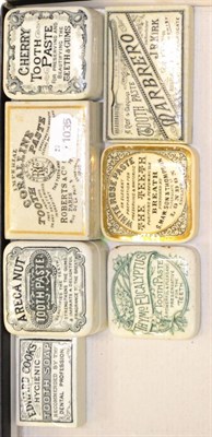 Lot 26 - Seven Black and White Transfer Printed Tooth Paste Pot Lids, all either square or rectangular,...
