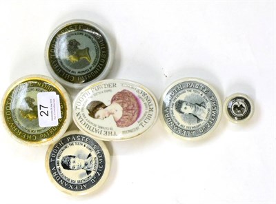 Lot 27 - Six Pictorial Transfer Printed Tooth Paste Pot Lids, all featuring ladies heads, including...