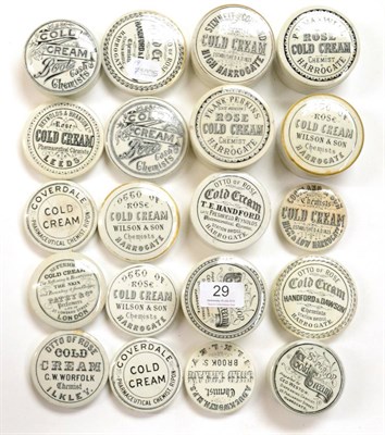 Lot 29 - Twenty Black and White Transfer Printed Cold Cream Pot Lids, some with bases, includes Boots,...