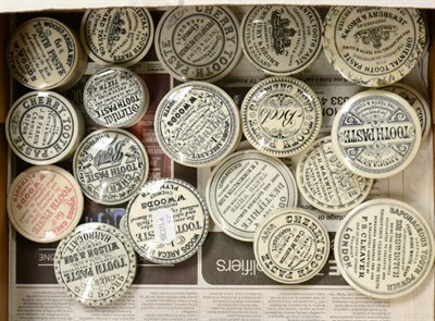 Lot 30 - Twenty Black and White Transfer Printed Tooth Paste/Powder Pot Lids, some with bases, includes...
