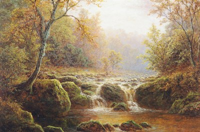 Lot 1038 - William Mellor (1851-1931) "Helles Ghyll Nidderdale", river scene with a waterfall and two...