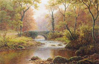 Lot 1039 - William Mellor (1851-1931) "Old Bridge, Bolton Woods, Yorkshire", river landscape with figures on a