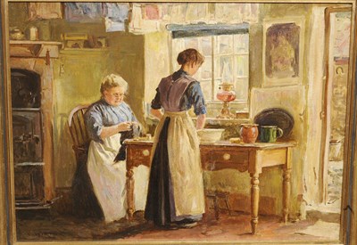 Lot 1046 - Ernest Higgins Rigg (1868-1947) Cottage Interior with a Girl standing beside a Window, another lady