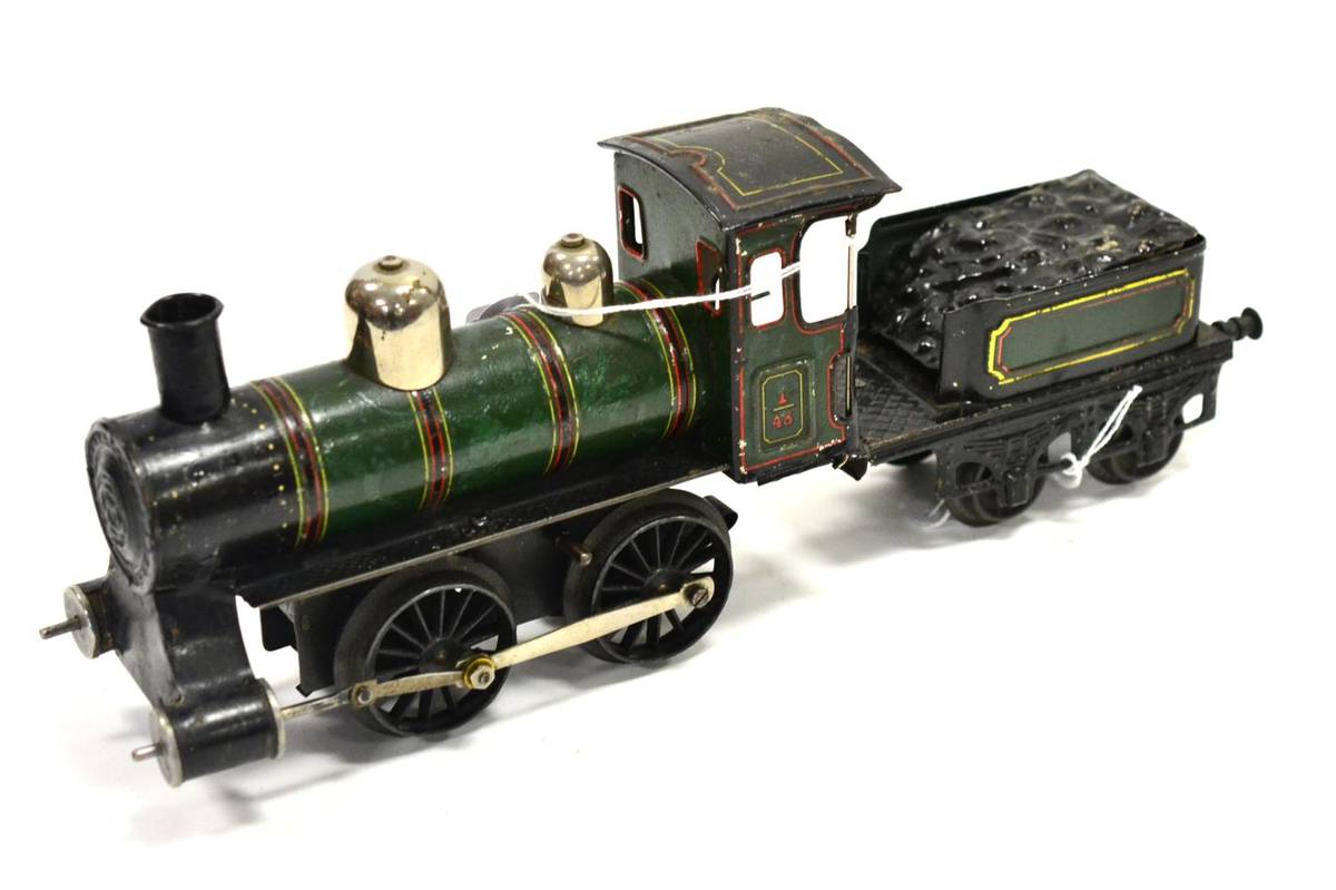 Lot 173 - Bing Gauge I Clockwork 0-4-0 Locomotive And 4-Wheel Tender green with red/black lining (G-F)