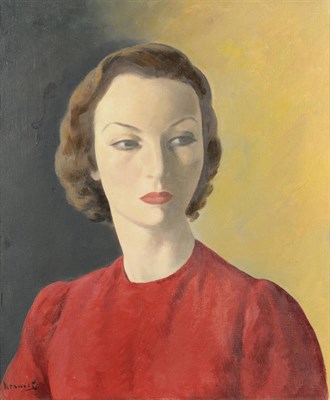 Lot 1051 - Jacob Kramer L.G. (1892-1962) Portrait of a Young Lady, head and shoulders, wearing a red dress...