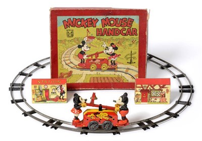 Lot 222 - Wells Mickey Mouse Handcart with composition figures of Mickey and Minnie on c/w handcart, with...