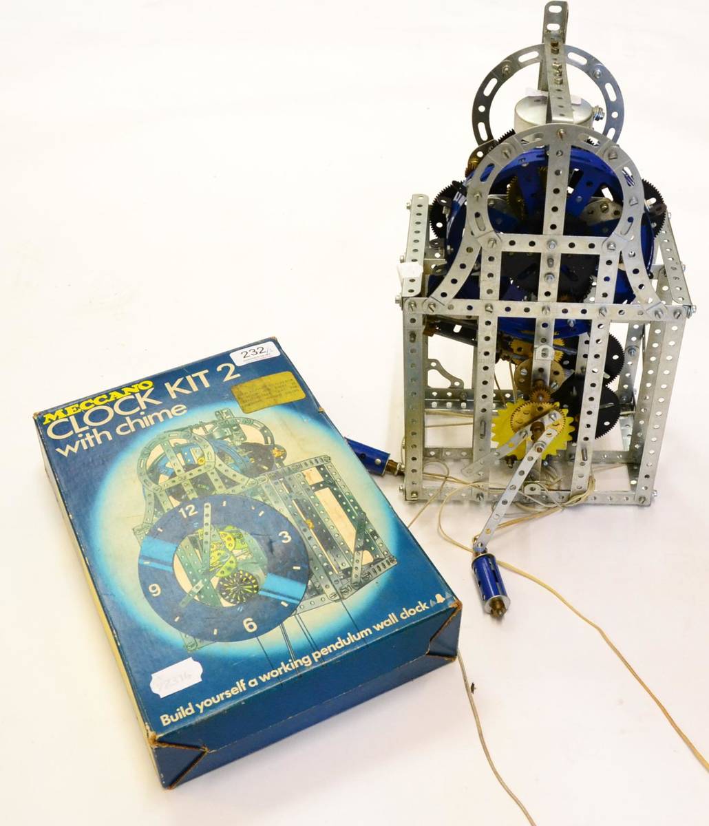 Lot 232 - Meccano Clock Kit 2 With Chime nickel/blue, largely constructed, with original box (E-G)