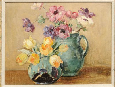 Lot 1054 - Owen Bowen R.O.I., P.R.Cam.A. (1873-1967) Still Life of Anenomes in Vase and a Bowl of Tulips...